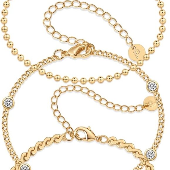 18K Gold Plated Chain Bracelet Pack for Women | Jewelry Set of 5 Stackable Brace - Picture 1 of 4